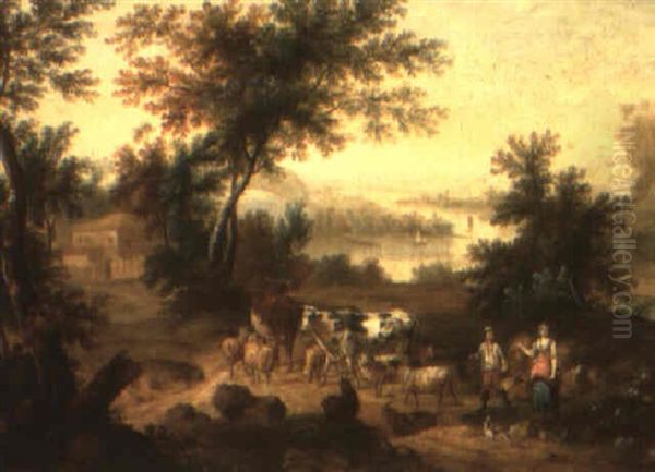 Wooded Landscape With Herders Driving Their Cows And Sheep Oil Painting by Adriaen Van Diest