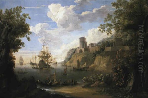 Mediterranean Harbour With Men-of-war At Anchor And Fishermen Oil Painting by Adriaen Van Diest