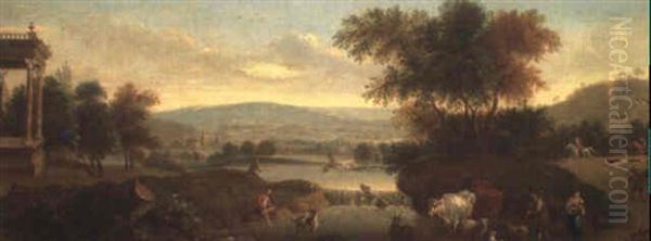 Extensive Landscape With A Stag Observed By Drovers Oil Painting by Adriaen Van Diest