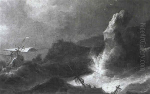 Shipping In A Squall Off A Rocky Coastline Oil Painting by Adriaen Van Diest