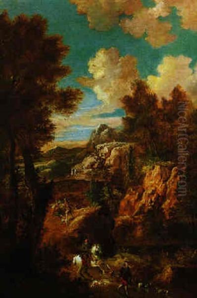 Ausritt Zur Falkenjagd In Gebirgiger Landschaft Oil Painting by Adriaen Van Diest