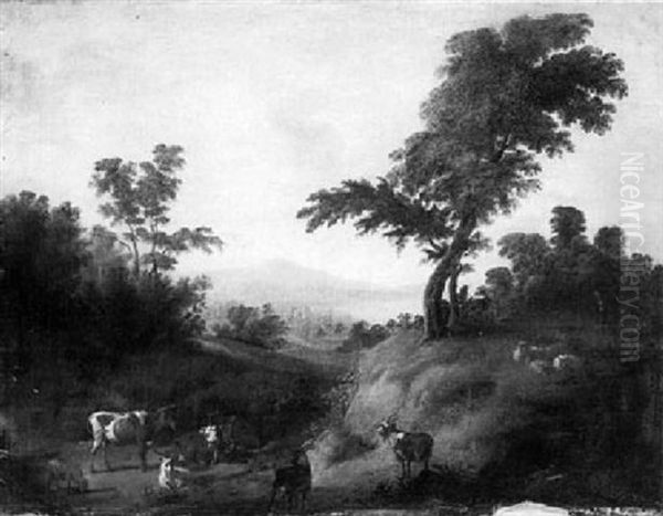 A Pastoral Scene With Cattle, Goats And Sheep In A Meadow   Overlooking A Valley Oil Painting by Adriaen Van Diest