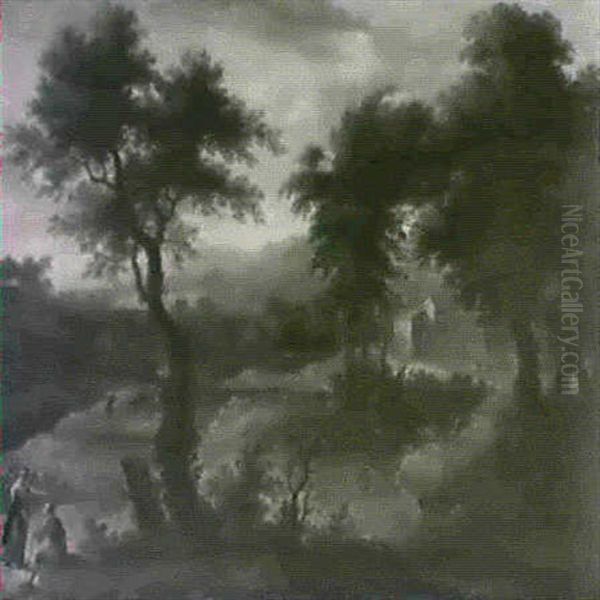 An Extensive Italianate Landscape With Two Travellers       Conversing On A Path by Adriaen Van Diest