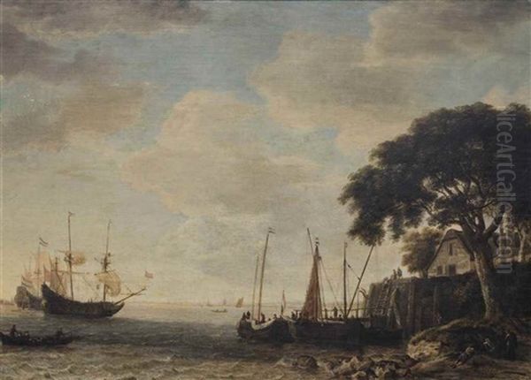 A Dutch Kaag Tied Up To A Quay, A Man-of-war Weighing Anchor Beyond Oil Painting by Jeronymus Van Diest