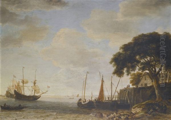 Coastal Landscape, A Dutch Kaag Tied Up To A Quay, A Man Of War Weighing Anchor Beyond Oil Painting by Jeronymus Van Diest