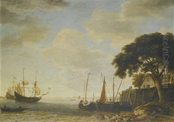 Coastal Landscape A Ducth Kaag Tied Up To A Quay, A Man Of War Weighing Anchor Beyond Oil Painting by Jeronymus Van Diest