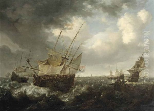 The Dutch Fleet On Choppy Waters Off The Dutch Coast Oil Painting by Jeronymus Van Diest