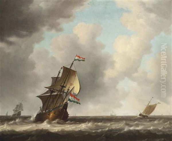 A Dutch Man-o-war And Other Shipping In Choppy Waters Oil Painting by Jeronymus Van Diest