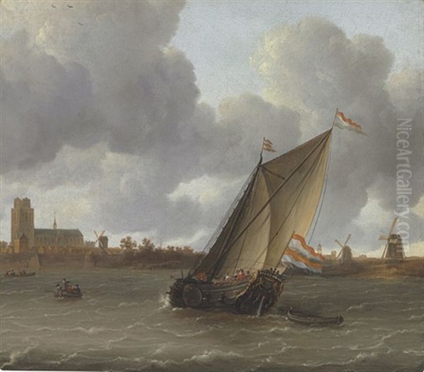 Sailing On The River Maas Near Dordrecht Oil Painting by Jeronymus Van Diest