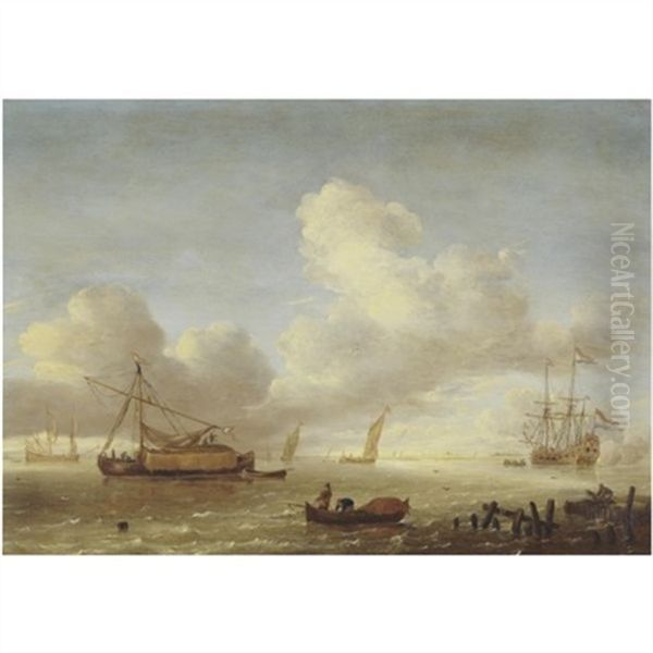 Ships In An Estuary With Fishermen And A Jetty In The Foreground Oil Painting by Jeronymus Van Diest