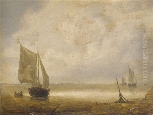 A Smalschip And A Rowing Boat With Fishermen In A Calm, Further Smalschips Beyond by Jeronymus Van Diest