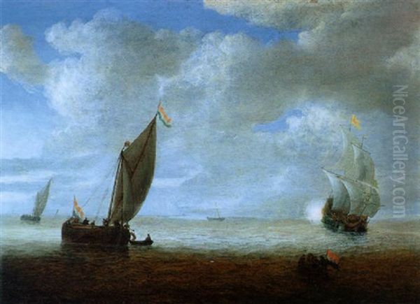 Fischerboote Und Ein Zweimaster, Der Einen Salutschuss Bei Ruhiger See Abfeuert Oil Painting by Jeronymus Van Diest