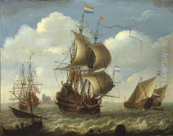 English And Dutch Men-o'-war On The River Merwede, Dordrecht Beyond Oil Painting by Jeronymus Van Diest