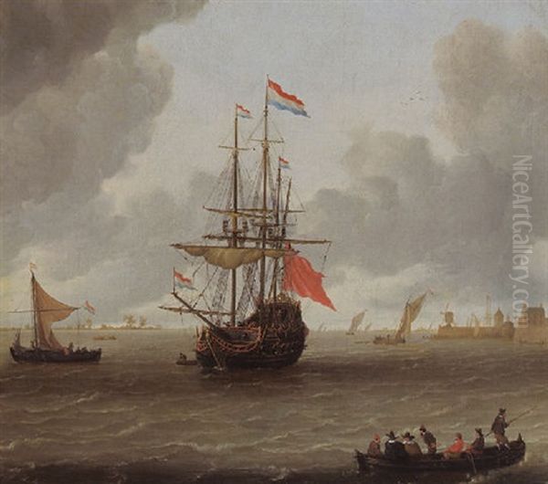 A Man-of-war In A Stiff Breeze With A Kaag And A Rowing Boat With Figures In The Lower Foreground Oil Painting by Jeronymus Van Diest