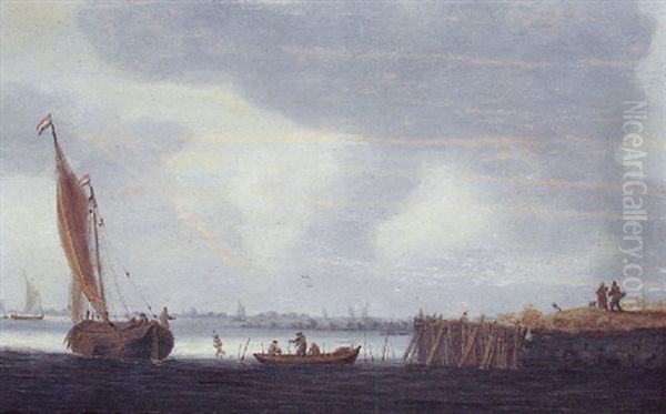 A Smalschip Setting Out From A Harbour At Dawn With Fishermen In A Rowing Boat Oil Painting by Jeronymus Van Diest