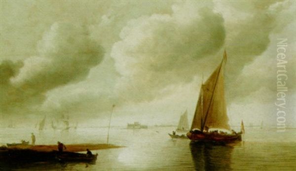 A River Landscape With Sailing Vessels And Boats, With A View Of Fort Rammekens Beyond Oil Painting by Jeronymus Van Diest