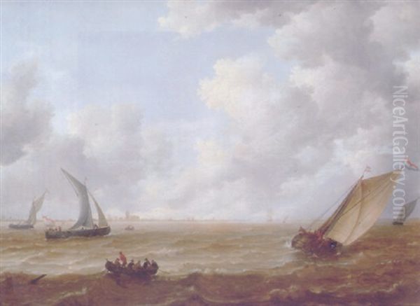 A Wijdschip Tacking Offshore In A Stiff Breeze With A Smalschip And Sailors In A Rowing Boat Nearby, On A Cloudy Day Oil Painting by Jeronymus Van Diest