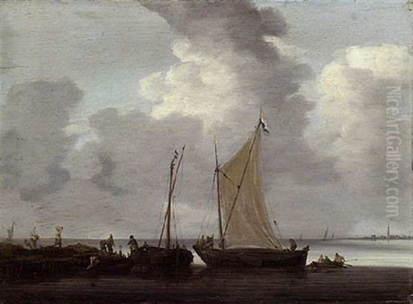 Fishermen Unloading Their Catch In Calm Waters Oil Painting by Jeronymus Van Diest