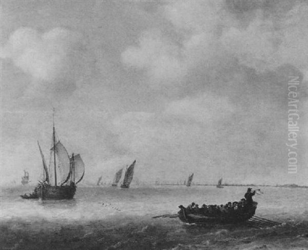 Segelschiffe Und Ein Ruderboot In Kustennahem Gewasser Oil Painting by Jeronymus Van Diest