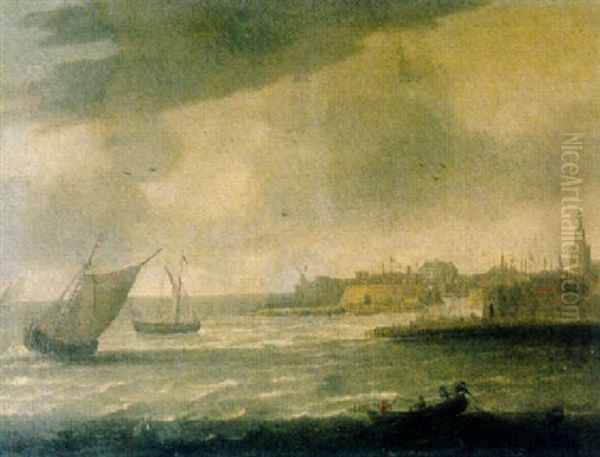 A View Of Flushing From The Schelde With The Windmill De Leugenaer On The Left, The Townhall And The Grote Kerk On The Right Oil Painting by Jeronymus Van Diest