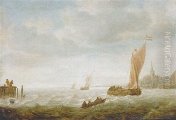 A Wijdschip Before The Wind Approching A Harbour, With A Pink And Other Beyond, Anglers On A Jetty Nearby Oil Painting by Jeronymus Van Diest