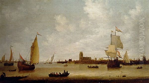 A Dutch Man-of-war, A Staatsyacht And Other Boats At The Mouth Of A River Estuary, Dordrecht Beyond Oil Painting by Jeronymus Van Diest