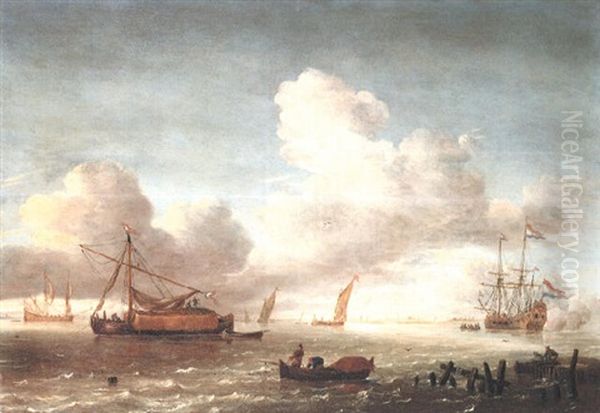 Estuary With Numerous Vessels Including Fishermen In A Rowing Boat Oil Painting by Jeronymus Van Diest