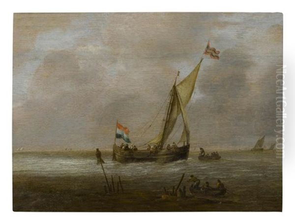 A Seascape With A Sailing Ship And Fishing Boats Off The Coast Oil Painting by Willem van Diest