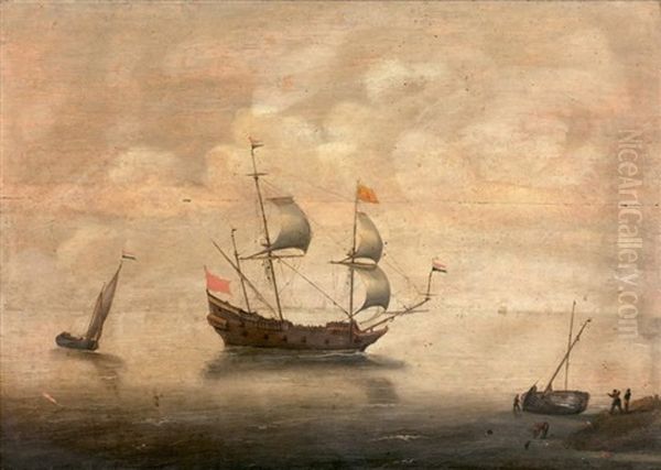 Navires Hollandais Pres D'une Cote Oil Painting by Willem van Diest