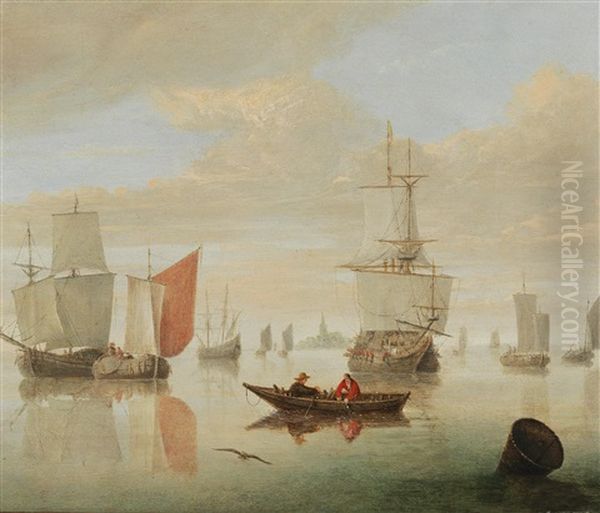 Ships And Fishing Boats On A Calm Sea Off The Coast Oil Painting by Willem van Diest