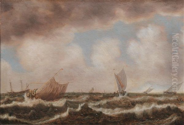 Sailing Boats And Fishing Boats On A Turbulent Sea Oil Painting by Willem van Diest