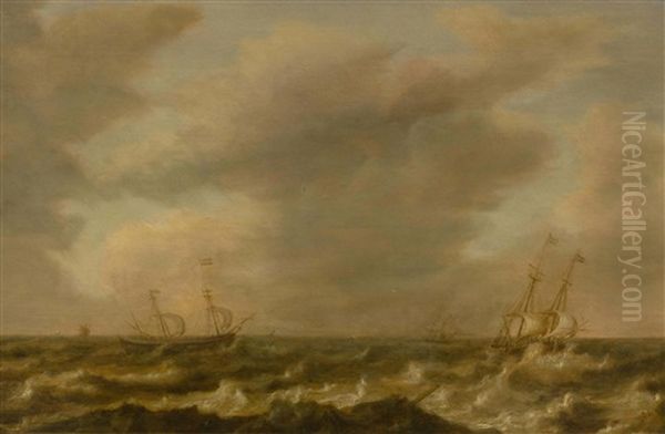 A Rough Sea With Ships Oil Painting by Willem van Diest