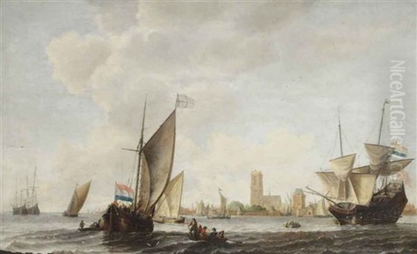 A Smallship, A Merchantman And Other Ships On The Merwede Near Dordrecht Oil Painting by Willem van Diest