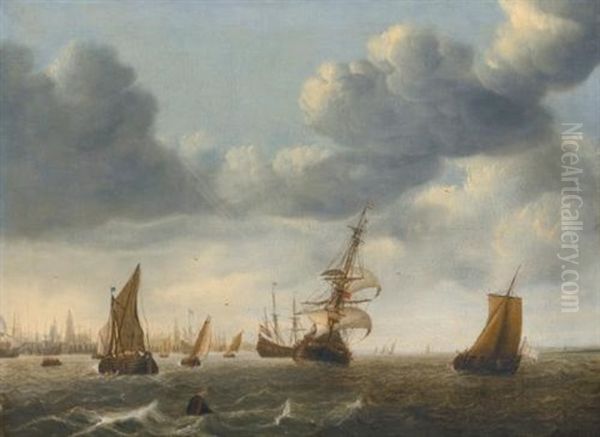 Ships Offshore, A View Of Rotterdam Beyond Oil Painting by Willem van Diest