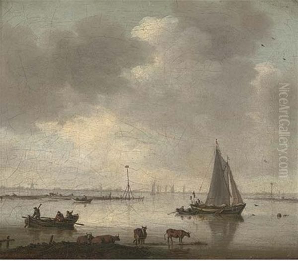 A River Landscape With Cattle And Fishermen (+ A River Landscape With Fishermen And A View Of Haarlem And The Church Of Saint Bavo Beyond; 2 Works) Oil Painting by Willem van Diest