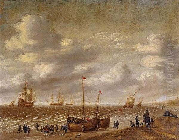 Figures On The Beach With Ships And Fishermen Oil Painting by Willem van Diest