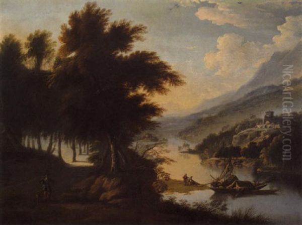 A River Landscape With A Huntsman And His Dog In The Foreground, A River Barge Unloading Its Goods And A Fortified Town Beyond Oil Painting by Willem van Diest