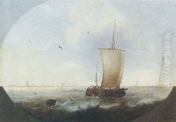 A Smalschip And Other Light Vessels In A Stiff Breeze, A Coastal Town In The Distance Oil Painting by Willem van Diest