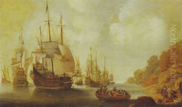 Coastal Scene With Boat Landing On Shore Oil Painting by Willem van Diest