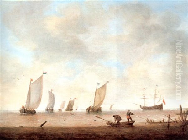 Boats In Calm Seas Oil Painting by Willem van Diest