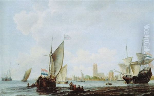 A Smalschip, A Merchantman And Other Shipping On The River Merwede Near The City Of Dordrecht Oil Painting by Willem van Diest