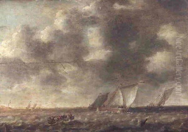 Figures In A Boat In Choppy Waters With Dutch Pinks Off A Coastline Oil Painting by Willem van Diest