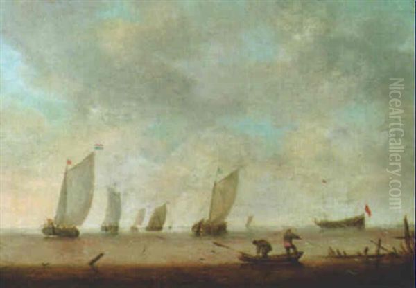 Dutch Shipping In Calm Seas, With Two Men In A Rowing Boat Near A Pier Oil Painting by Willem van Diest