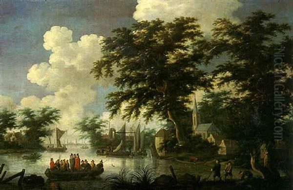 A Ferry On A River, With Fishermen Hauling In Their Nets By A Village Oil Painting by Willem van Diest