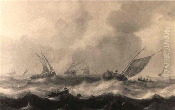 Rowing Vessels And Smalships In Choppy Seas Oil Painting by Willem van Diest