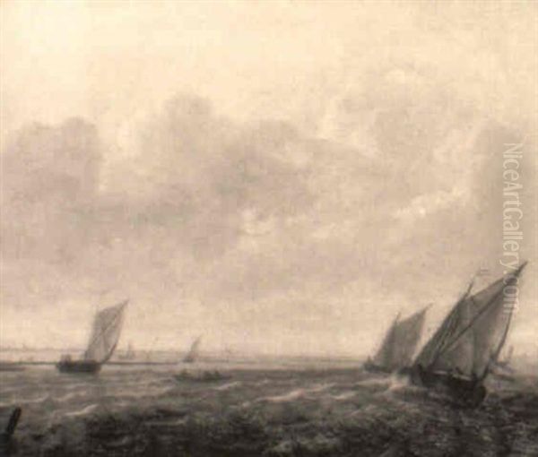 Wijdschips Sailing Close-hauled On A River Oil Painting by Willem van Diest