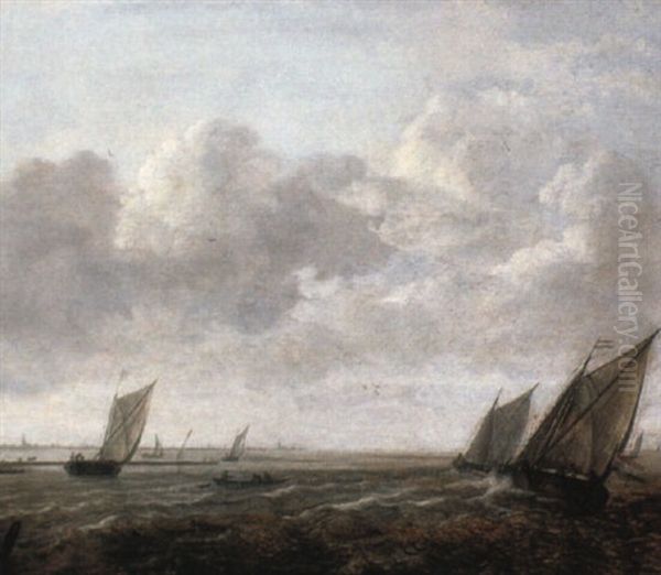 Dutch Coastal Vessels In An Estuary Oil Painting by Willem van Diest