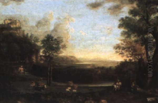 Italianate River Landscape With Herders Resting Beside Their Animals Oil Painting by Willem van Diest