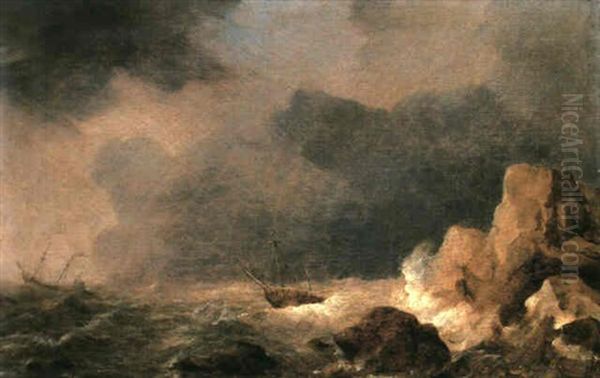 A Ship Floundering Off A Rocky Shore Whilst Another Vessel  Labours In Heavy Seas Beyond Oil Painting by Willem van Diest