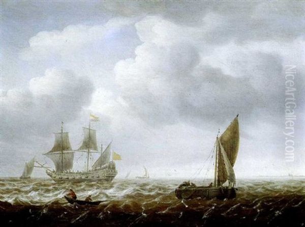 Vaisseau De Guerre Sur Une Mer Agitee Oil Painting by Willem van Diest